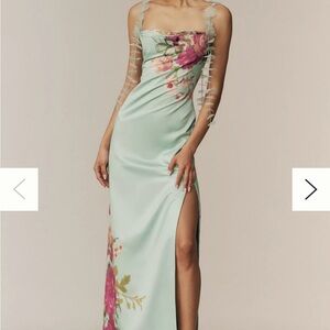 Antropology BHLDN 3D Paisley Embellished Green Floral Maxi Dress with side slit